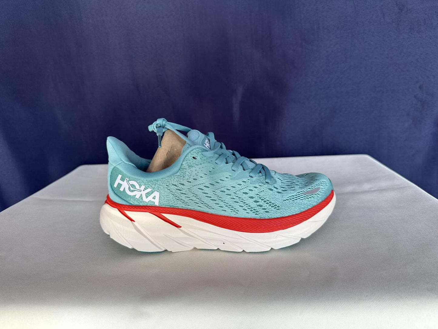 Size 7B - Hoka Women Clifton 8 Aquarelle/Eggshell Running Sneakers