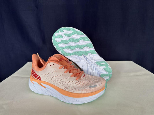 Size 6.5B- Hoka Women Clifton 8 Cantaloupe/Silver Peony Run Sneakers Shoes