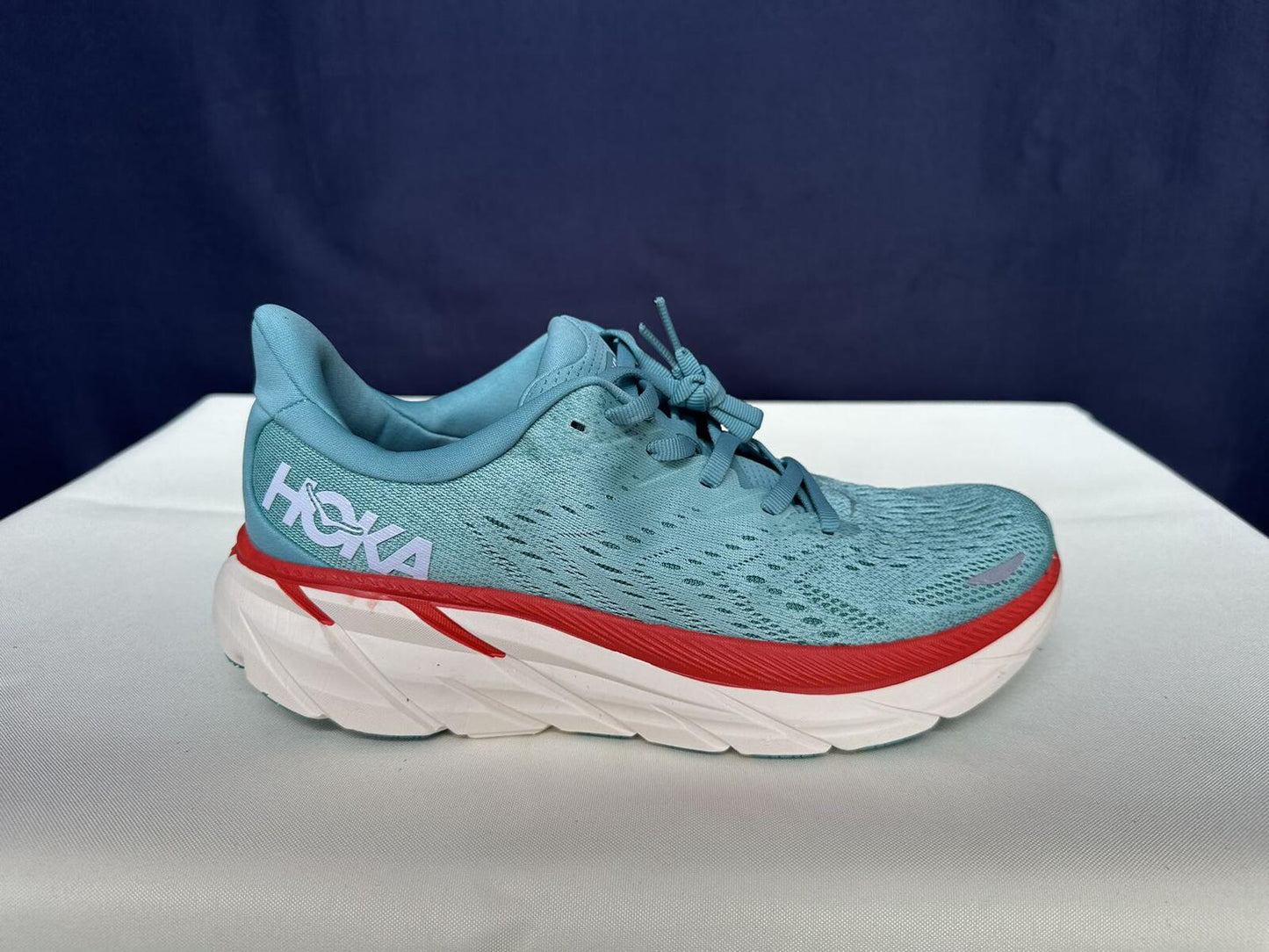 Size 9.5B- Hoka Women Clifton 8 Aquarelle/Eggshell Running Sneakers