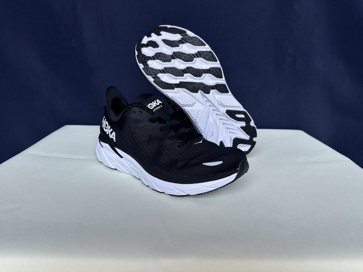 Size 10B- Hoka Women Clifton 8 Black White Run Sneakers Shoes