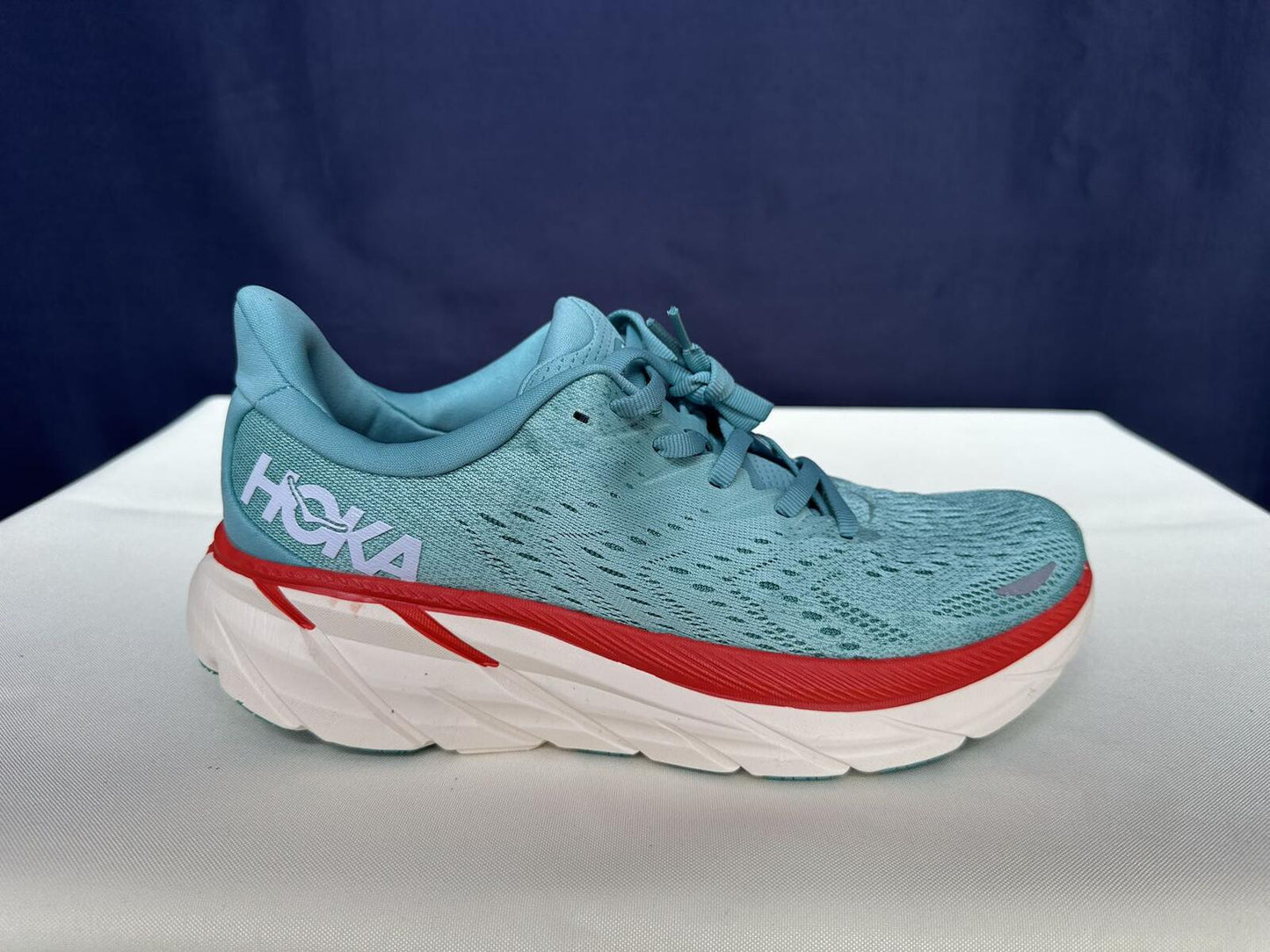 Size 9.5B- Hoka Women Clifton 8 Aquarelle/Eggshell Running Sneakers