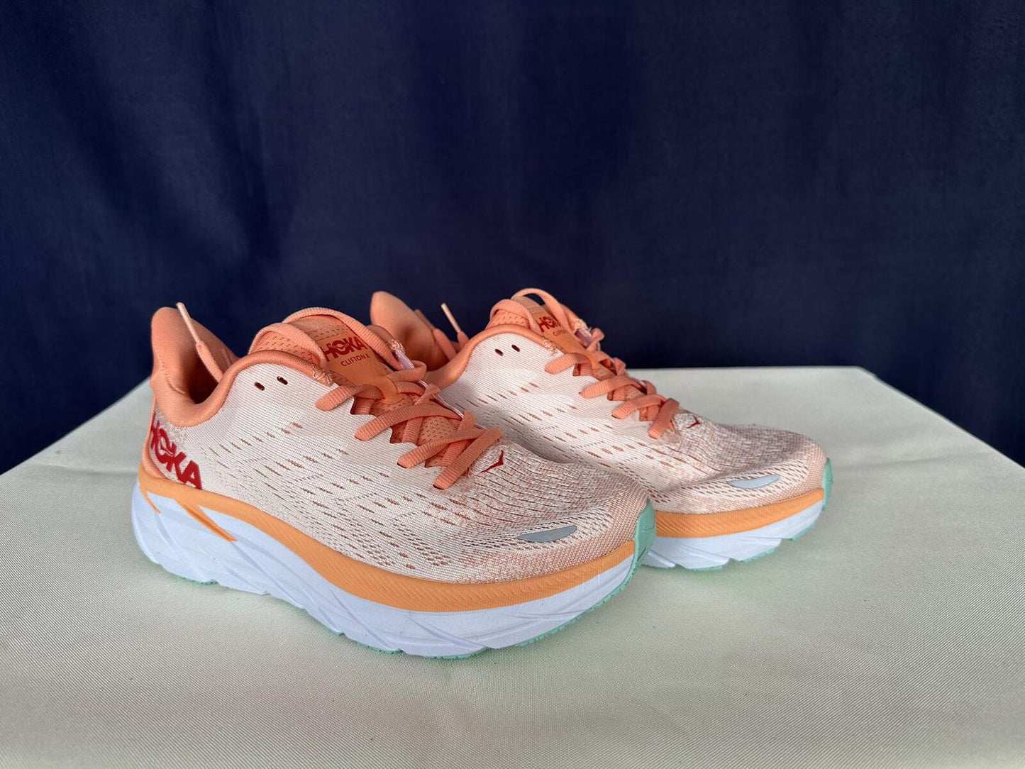 Size 6.5B- Hoka Women Clifton 8 Cantaloupe/Silver Peony Run Sneakers Shoes
