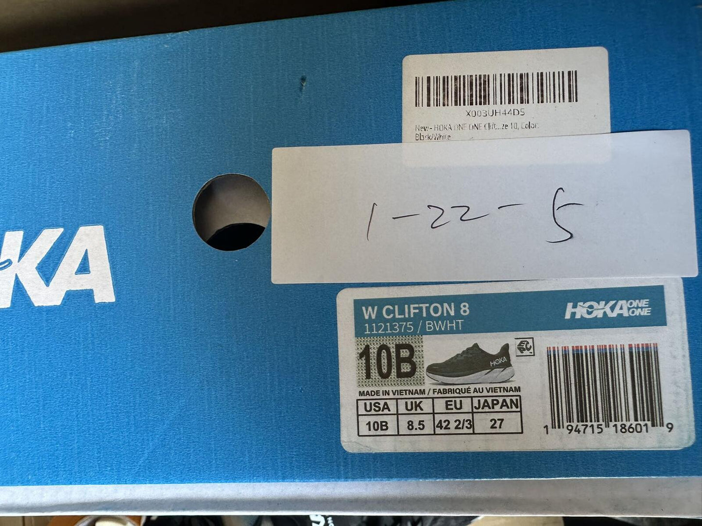 Size 10B- Hoka Women Clifton 8 Black White Run Sneakers Shoes