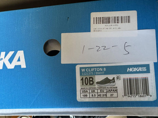 Size 10B- Hoka Women Clifton 8 Black White Run Sneakers Shoes