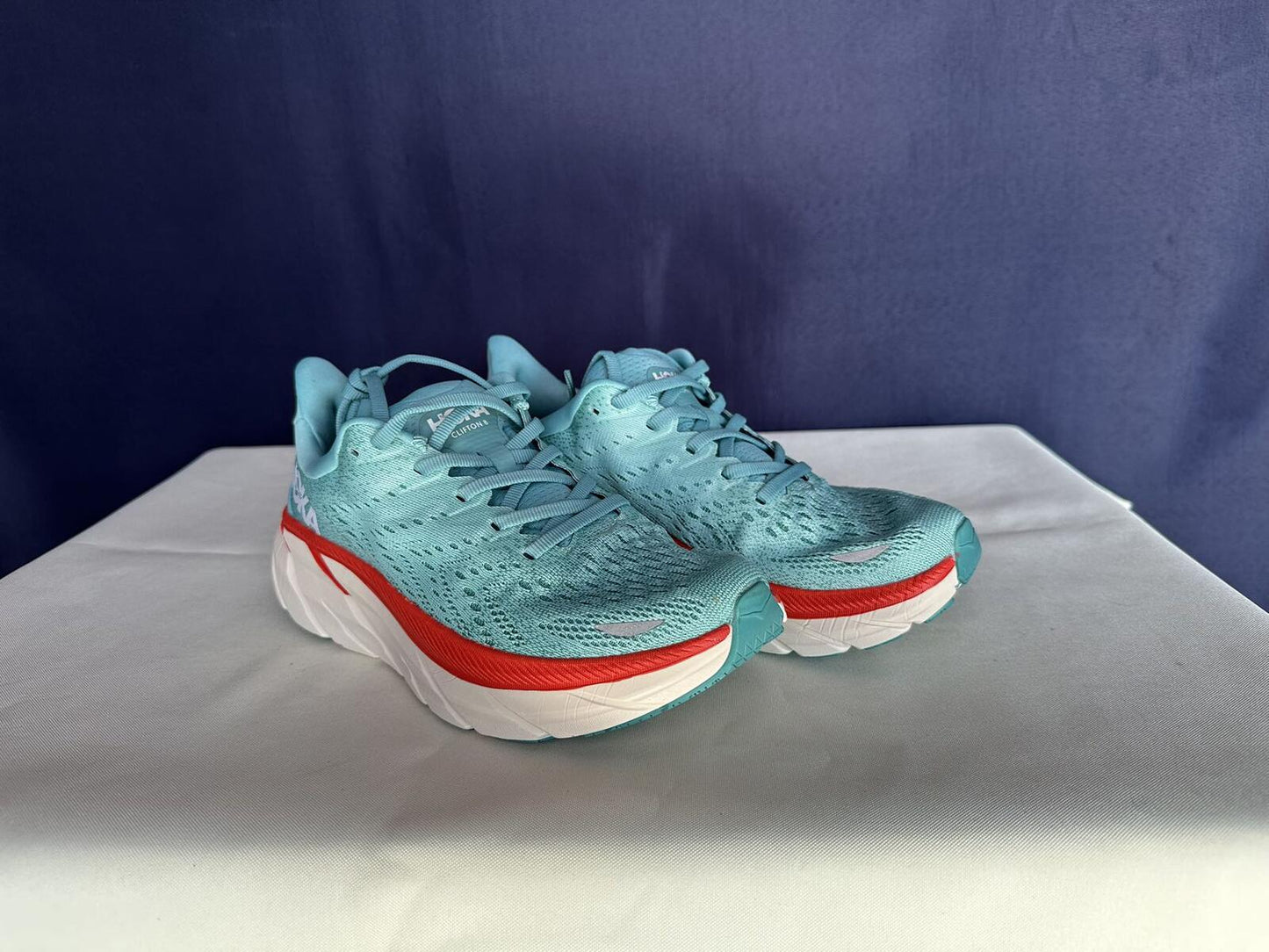 Size 7B - Hoka Women Clifton 8 Aquarelle/Eggshell Running Sneakers