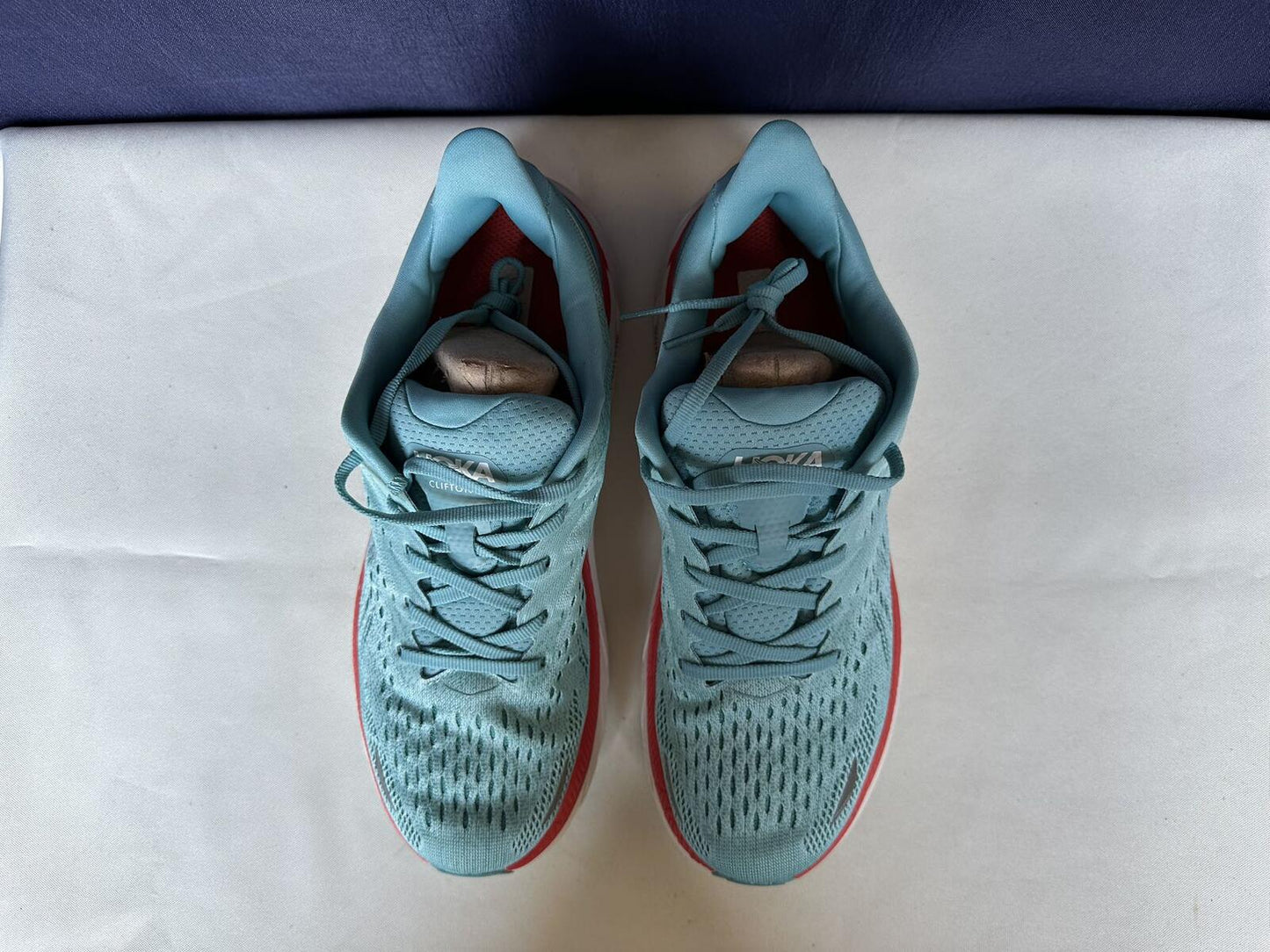 Size 10.5B- Hoka Women Clifton 8 Aquarelle/Eggshell Running Sneakers