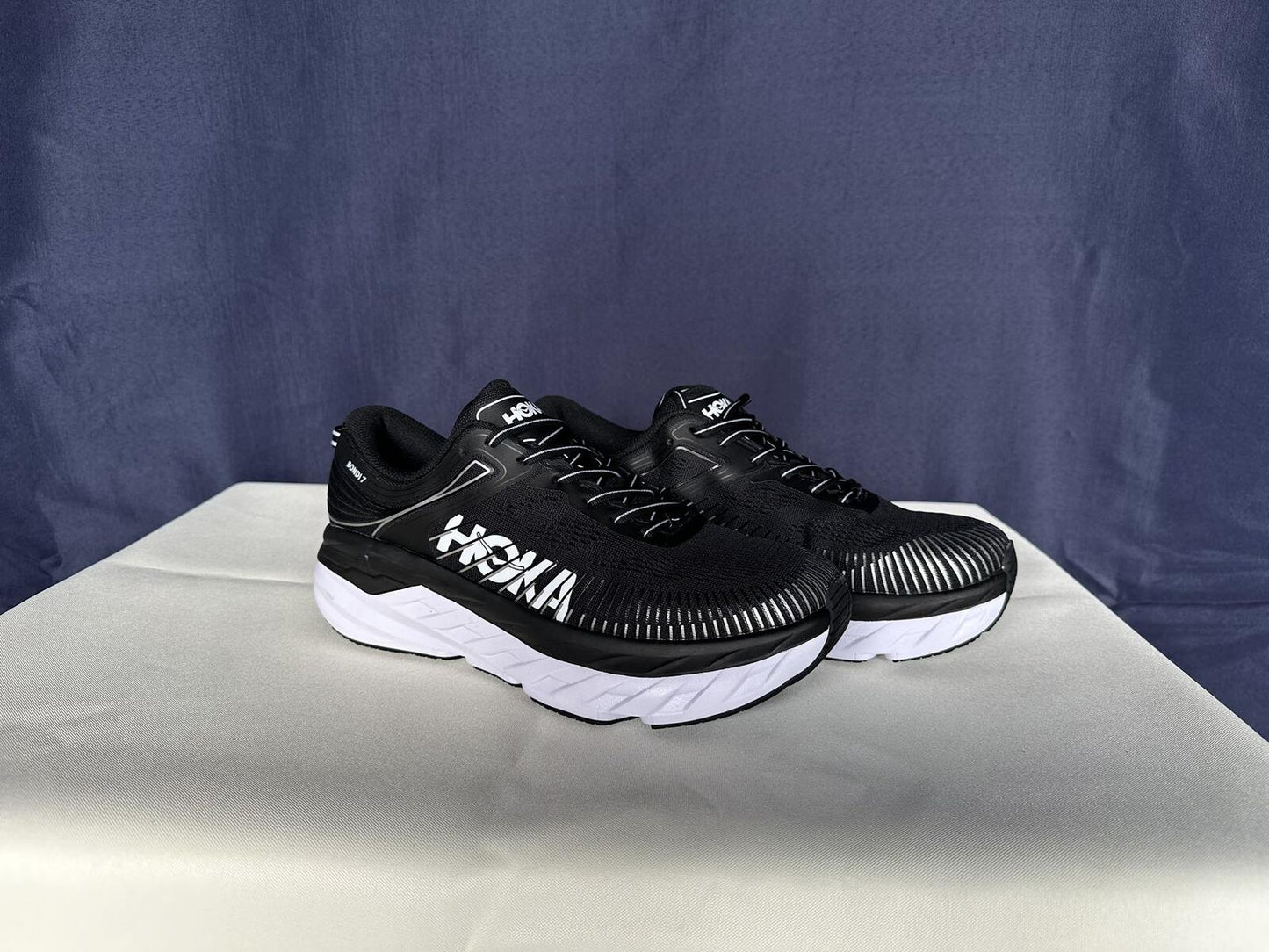 Size 9- Hoka Men Bondi 7 Black White Trainer Shoes Sneakers