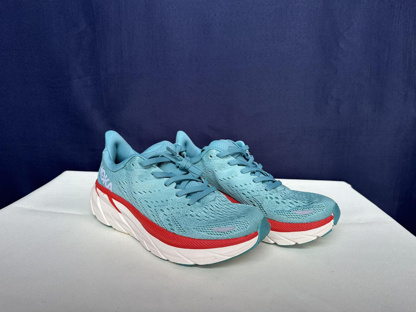 Size 9.5B- Hoka Women Clifton 8 Aquarelle/Eggshell Running Sneakers