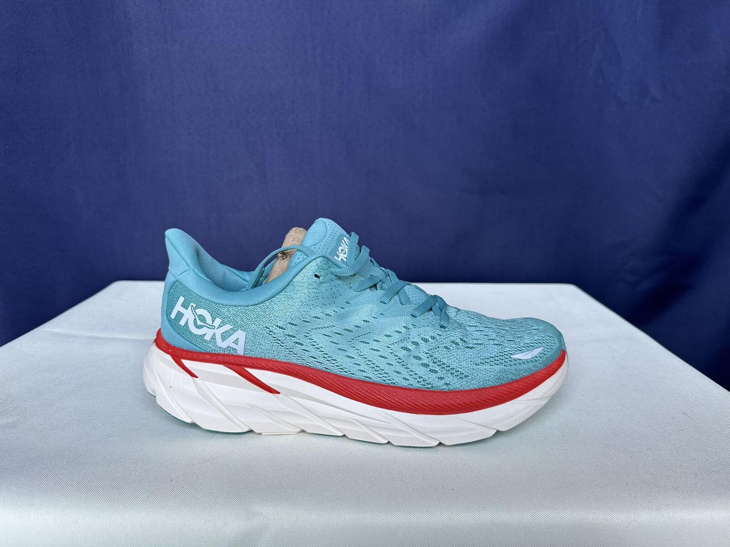 Size 10.5B- Hoka Women Clifton 8 Aquarelle/Eggshell Running Sneakers