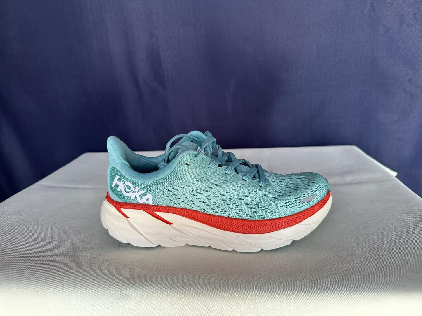 Size 7B - Hoka Women Clifton 8 Aquarelle/Eggshell Running Sneakers
