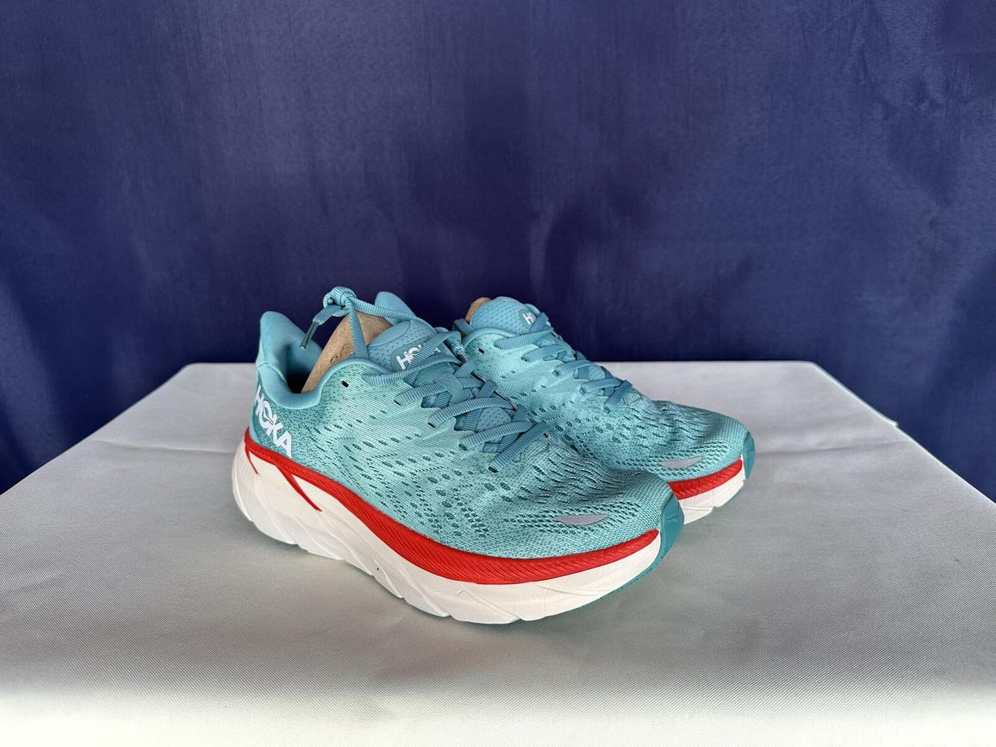 Size 7B - Hoka Women Clifton 8 Aquarelle/Eggshell Running Sneakers