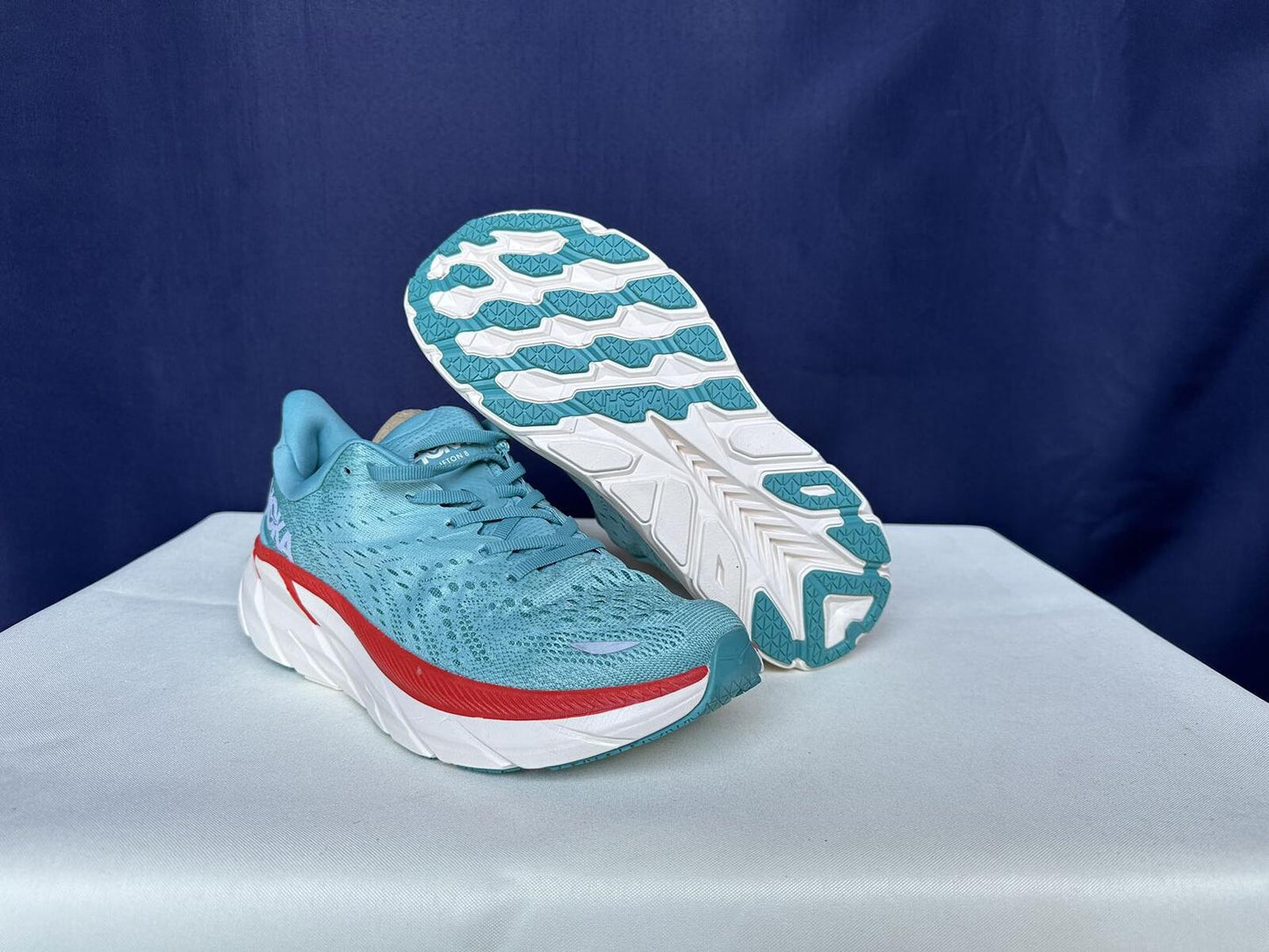 Size 10.5B- Hoka Women Clifton 8 Aquarelle/Eggshell Running Sneakers