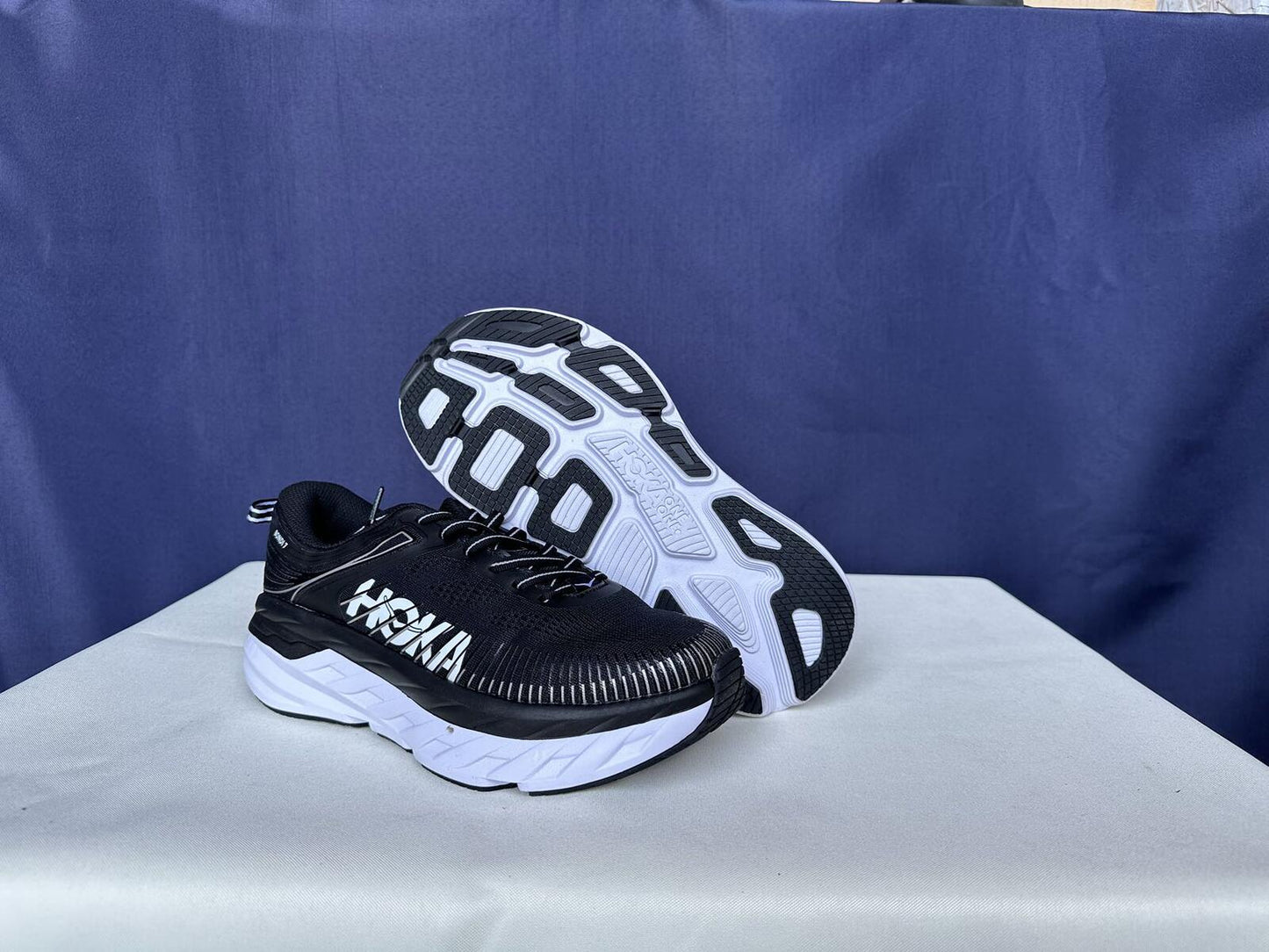 Size 9- Hoka Women Bondi 7 Black White Trainer Shoes Sneakers