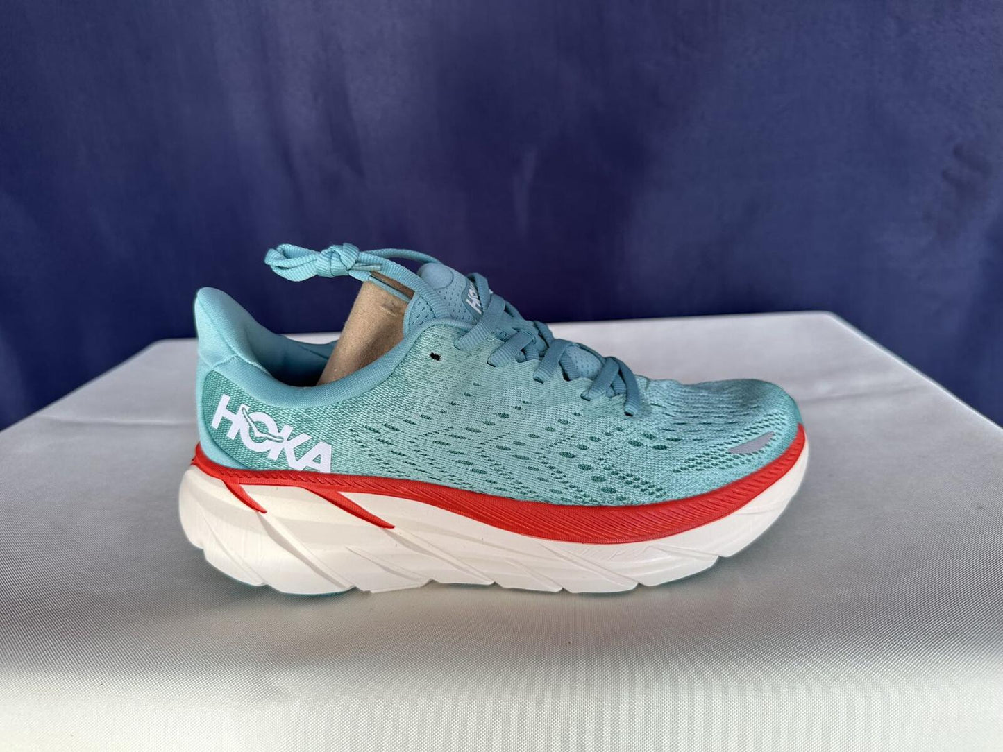 Size 7B - Hoka Women Clifton 8 Aquarelle/Eggshell Running Sneakers