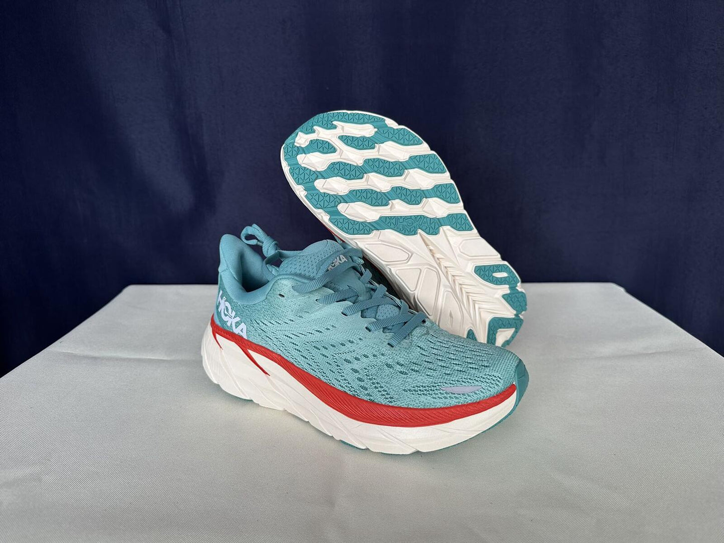Size 6.5B- Hoka Women Clifton 8 Aquarelle/Eggshell Running Sneakers