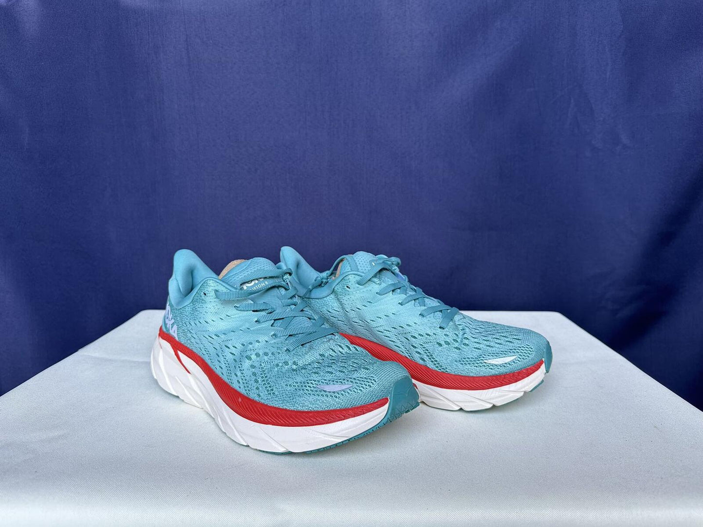 Size 10.5B- Hoka Women Clifton 8 Aquarelle/Eggshell Running Sneakers