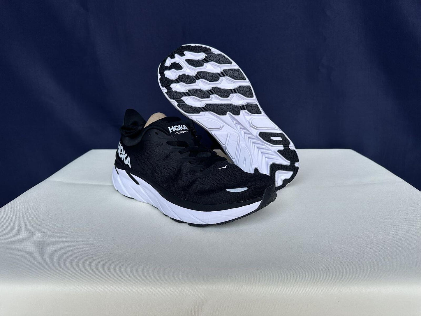 Size 10B- Hoka Women Clifton 8 Black White Run Sneakers Shoes
