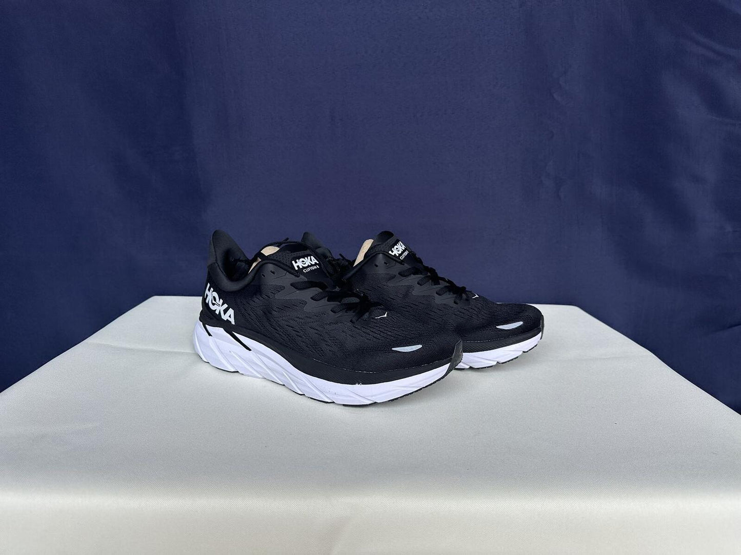 Size 10B- Hoka Women Clifton 8 Black White Run Sneakers Shoes