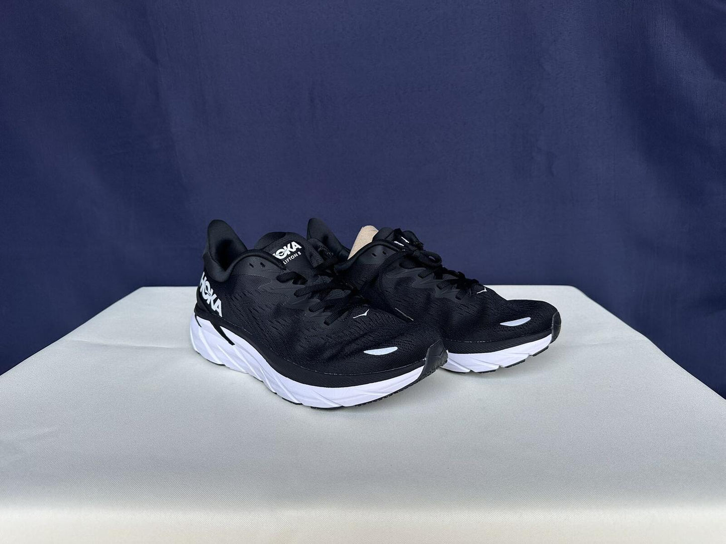 Size 10B- Hoka Women Clifton 8 Black White Run Sneakers Shoes