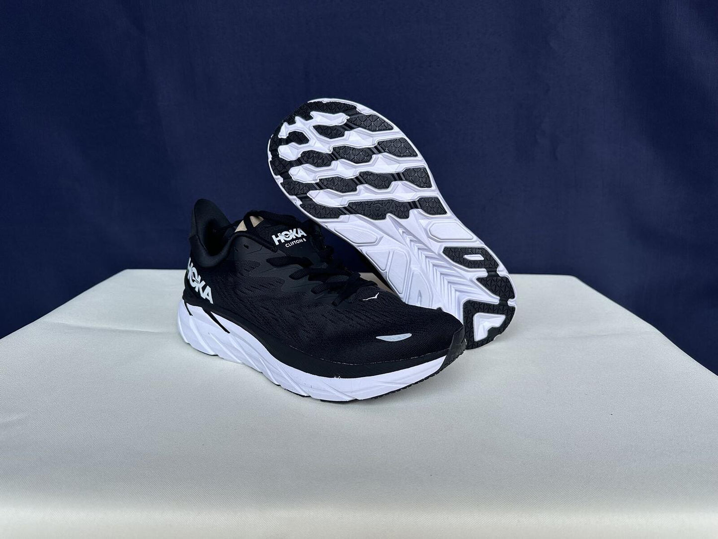Size 10B- Hoka Women Clifton 8 Black White Run Sneakers Shoes