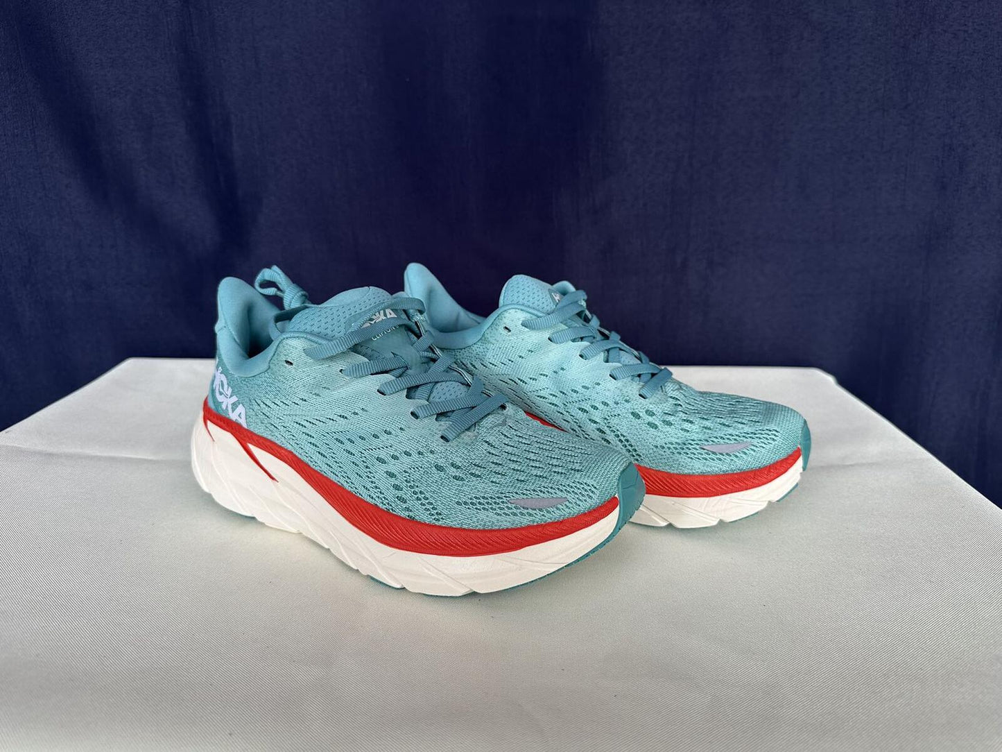 Size 6.5B- Hoka Women Clifton 8 Aquarelle/Eggshell Running Sneakers