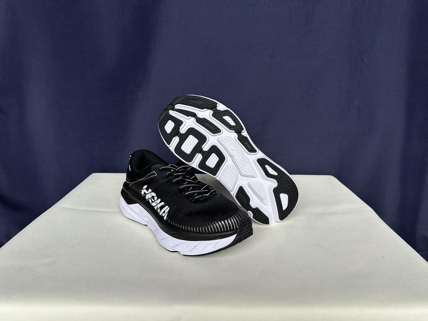 Size 9.5- Hoka Women Bondi 7 Black White Trainer Shoes Sneakers