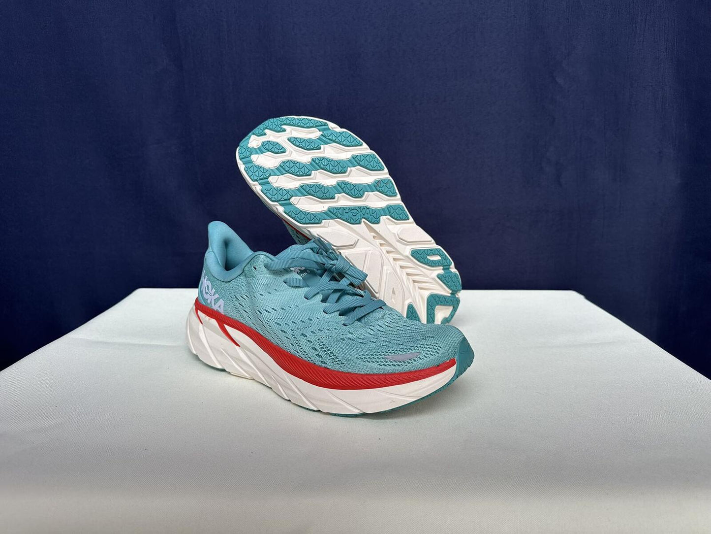 Size 9.5B- Hoka Women Clifton 8 Aquarelle/Eggshell Running Sneakers