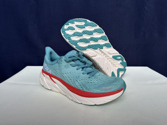 Size 9.5B- Hoka Women Clifton 8 Aquarelle/Eggshell Running Sneakers