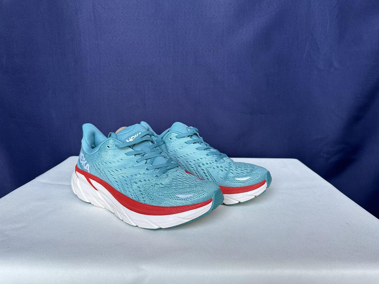 Size 10.5B- Hoka Women Clifton 8 Aquarelle/Eggshell Running Sneakers