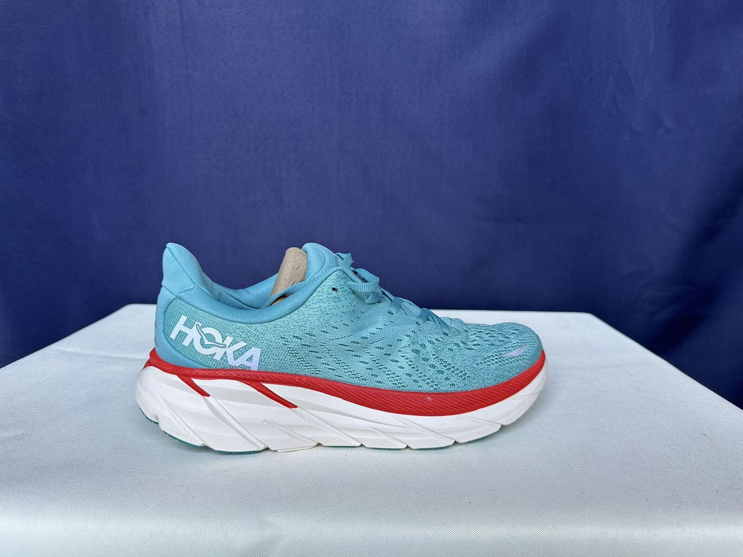 Size 10.5B- Hoka Women Clifton 8 Aquarelle/Eggshell Running Sneakers